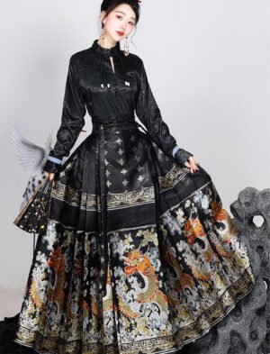 【 龙霄 】New Year Chinese Simulation Flower Makeup Ming System Mamian Skirt New Chinese Half Skirt