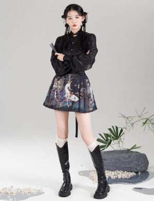 【 仙麓影 】New Chinese Style Han Element Brocade Skirt Imitation Gold Flower Brocade Mamian Skirt Shirt Set