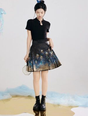 【 海之灵 】Dot Cui Weaving Gold Mamian Skirt Improved New Chinese Summer Short Half-Body Skirt