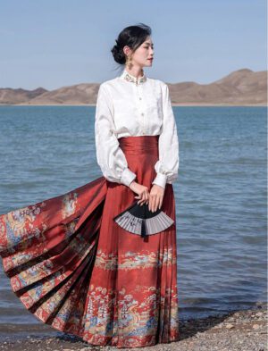 【Silk Road】 Dunhuang Red Silk Brocade Imitation Makeup Flower Gold Woven Mamian Skirt Chinese Long Skirt