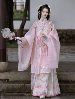 【 十里桃花 】Pink Hairpin Mingzhi Hanfu Cloud Shoulder Long Shirt Standing Collar Mamian Dress Set