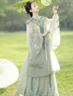 【 不染 】Hanfu Ming System Slant Lapel Cloud Shoulder Standing Collar Long Shirt Waist Pleated Skirt Fresh Green