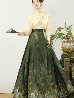 【 山亭夏日 】Chinese Bamboo Shadow Woven Gold Flower Mamian Dress Ming Improved Daily Hanfu