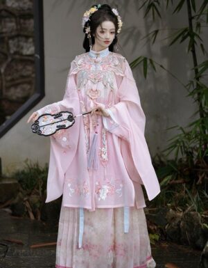 【 十里桃花 】Pink Hairpin Mingzhi Hanfu Cloud Shoulder Long Shirt Standing Collar Mamian Dress Set