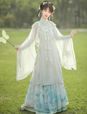 【 碧吟酥 】Hanfu Ming System Cloud Shoulder Slant Lapel Collar Tunic Waist Pleated Skirt Ancient Costume Xian Qi Ethereal