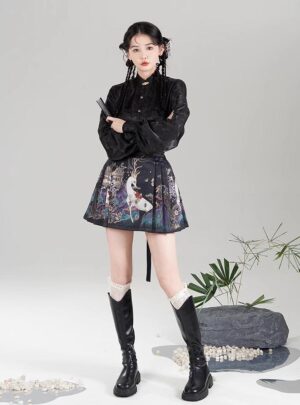 【 仙麓影 】New Chinese Style Han Element Brocade Skirt Imitation Gold Flower Brocade Horse Face Skirt Shirt Set