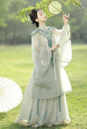 【 不染 】Hanfu Ming System Slant Lapel Cloud Shoulder Standing Collar Long Shirt Waist Pleated Skirt Fresh Green