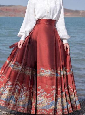 【 丝绸之路 】 Dunhuang Red Silk Brocade Imitation Makeup Flower Gold Woven Mamian Skirt Chinese Long Skirt