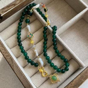 Peace Buckle Necklace Vintage Emerald Round Beads Long Sweater Chain Ancient Style Hanfu Accessories