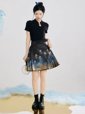 【 海之灵 】Dot Cui Weaving Gold Mamian Skirt Improved New Chinese Summer Short Half-Body Skirt