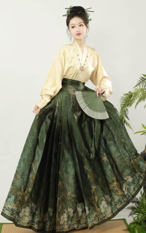 【 山亭夏日 】Chinese Bamboo Shadow Woven Gold Flower Horse-Face Dress Ming Improved Daily Hanfu