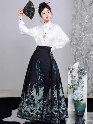 【 青羽 】Woven Gold Makeup Flower Mamian Skirt New Chinese Hanfu Daily Commuter Improved Half-Body Skirt Set