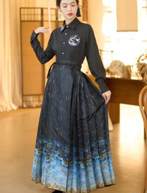 【 星陨 】Black And Blue Gold Woven Hanfu Mamian Skirt Han Element Skirt Shirt Set