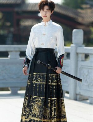 【 飞龙在天 】Dragon Weave Gold Mamian Skirt Black Gold Hanfu Standing Collar Top Set