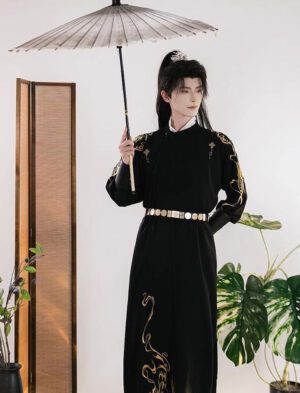 【 仗剑千古 】Tang-Made Embroidered Hanfu Chivalry Drawstring Round Neck Robe Black Antique Suit