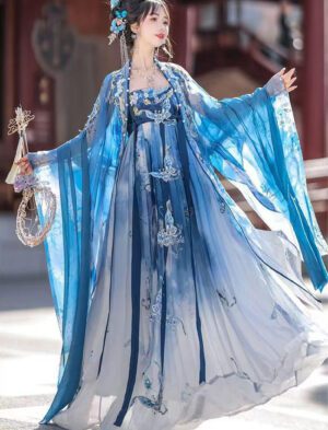 【 瓷碟美人 】Blue Swoosh Tang Hanfu Heavy Embroidery Chest-Length Dress Summer