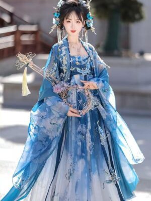 【 瓷碟美人 】Blue Swoosh Tang Hanfu Heavy Embroidery Chest-Length Dress Summer