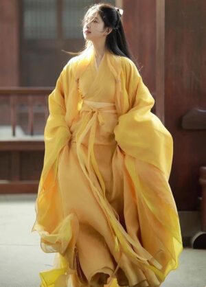【 千里江山 】Wei Jin System North and South Dynasty Warring States War Robe Yellow Hanfu Straight Train Wide Sleeve Dress