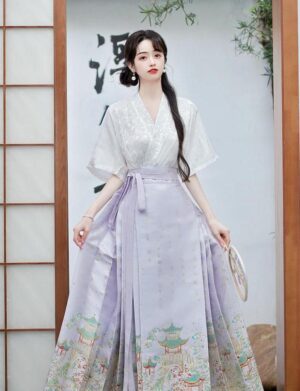 【 兰亭序 】New Chinese Jacquard Mamian Skirt One Piece Slant Lapel V-Neck Heavy Makeup Flower Weaving Gold Half-body Skirt
