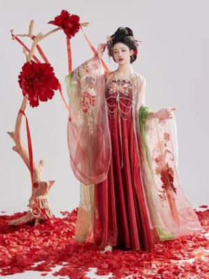 【 山茶 】Tang System Hanfu Red Heavy Embroidery Large Sleeve Shirt Chest-Length Dress Ancient Costume Suit