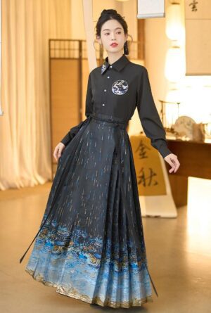【 星陨 】Black And Blue Gold Woven Hanfu Mamian Skirt Han Element Skirt Shirt Set