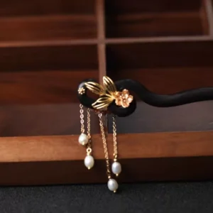 Ebony Tassel Pearl Hairpin Plate Hairpin Wooden Hairpin New Chinese Exquisite Hairpin Hanfu Hair Accessories