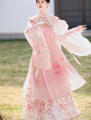 【 花落花飞 】Ancient Hairpin Hanfu Ming System Cloud Shoulder Stand-Up Collar Long Shirt Horse Face Skirt Suit