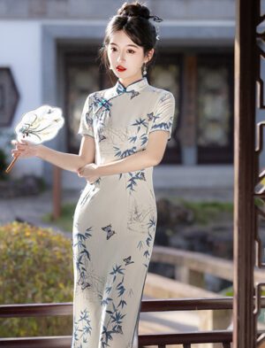 【 节节高 】Bamboo Leaf Print Cheongsam New Chinese Style Improved Dress