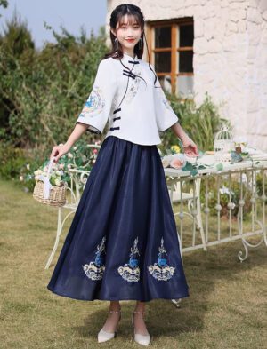 【 风华正茂 】Chinese Style Embroidered Button Retro Modified Cheongsam Skirt Suit