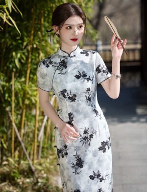 【 水墨花 】Silk Jacquard Long Cheongsam