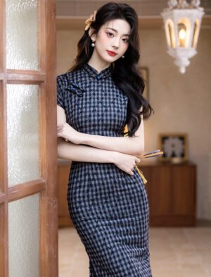 【 复古千金 】New Chinese Style Traditional Slim Short-Sleeved Plaid Qipao