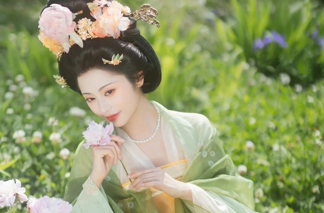 Tang Dynasty fashion blogger in Hanfu, courtyard background, flowing robes, pastel colors, digital art realism